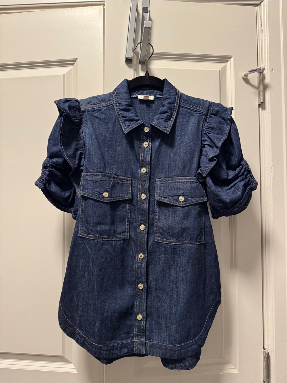 Pilcro Indigo Denim Button-Front Top with Ruffle Detail Size Small